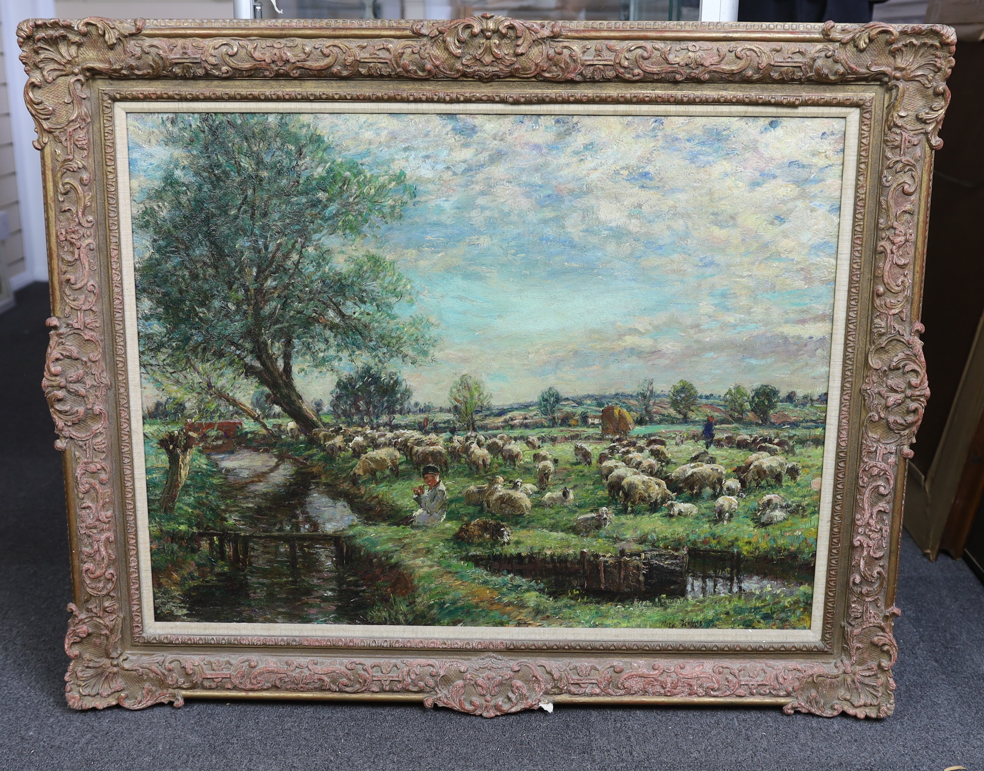 William Mark Fisher (American 1841-1923), Sheep in a water meadow, oil on canvas, 65 x 85cm
